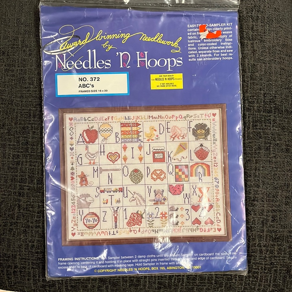 Needles n Hoops. No 372 ABC’s   Framed size 16 X 20.